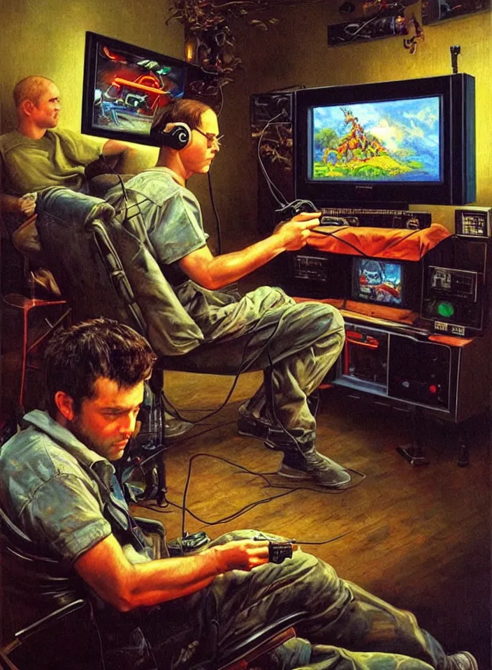 Image similar to Men playing video games on CRT television using Atari joysticks. Painting by Robert Edward Hughes. Intricate details. hyper realism. Masterpiece.