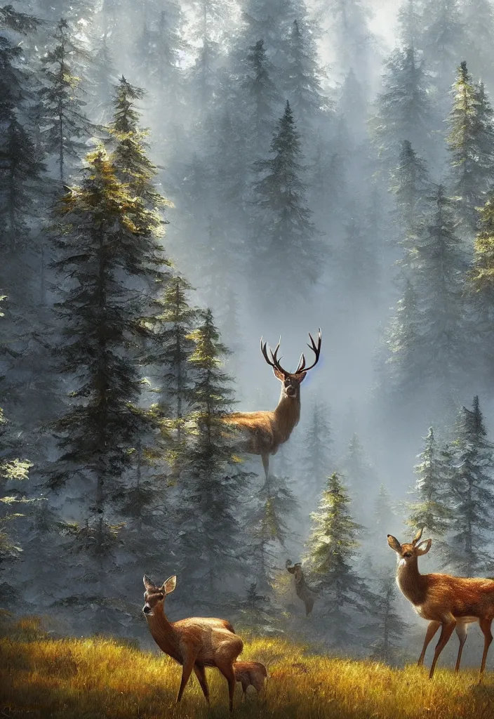 Prompt: deer on the background of a tall spruce forest, painting by Craig Mullins, octane rendering, soft morning lighting, wide angle lens, in the style of Hayao Miyazaki, trending on artstation,