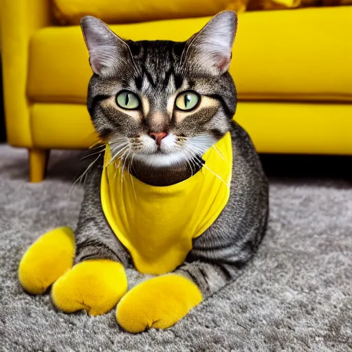 Prompt: cat in living room, cat wearing mustard yellow leisure suit, 7 0's decor, shag carpet, 4 k, 8 k, ultra detailed