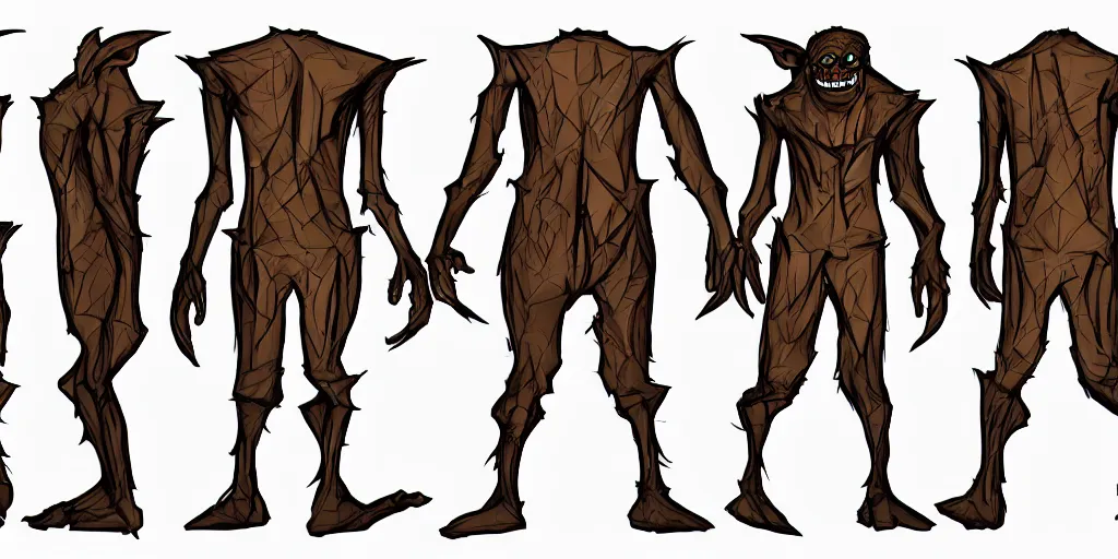 Image similar to Full body goblin, ripped suit, grinning, smile, concept sheet