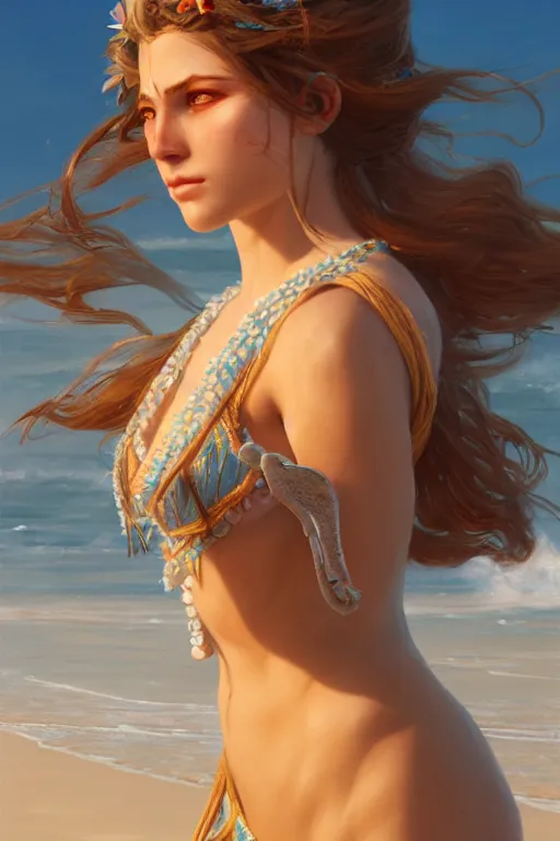 Prompt: goddess of the beach, highly detailed, digital painting, artstation, concept art, smooth, sharp focus, illustration, unreal engine 5, 8 k, art by artgerm and greg rutkowski and edgar maxence