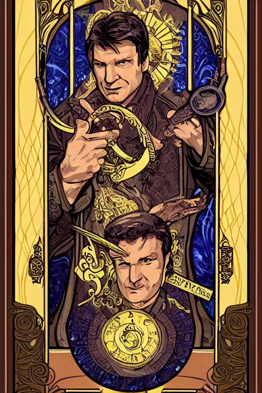 Prompt: Nathan Fillion tarot card, art nouveau style, ornate borders, intricate details, trending on artstation