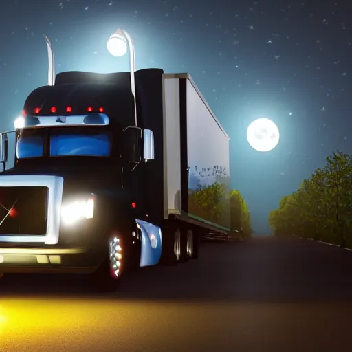 Prompt: trucks by night, moonlight, beamlight, reflections in pavement, and fog, detailed and realistic, bloom