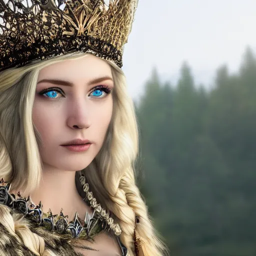 Prompt: beautiful nordic queen, eye contact ,highly detailed, 4k, HDR, smooth, sharp focus, hyper realistic, high resolution, award-winning photo
