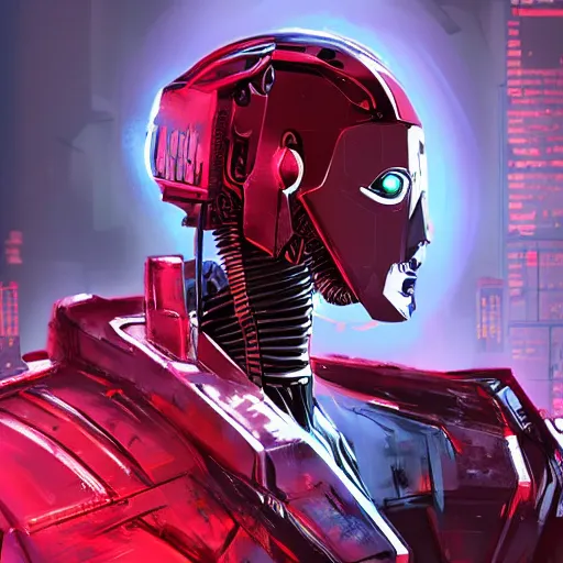 Image similar to Red cyberpunk robot concept art from the latest release of the cyberpunk video game series. This amazing side profile illustration captures the very essence of what AAA games have to offer