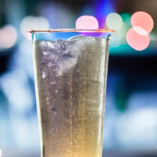 Prompt: a Malibu drink, close up, 100mm, cold glass, bar lights in the background, bokeh