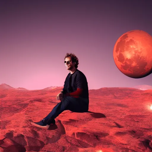 Prompt: gustavo cerati sitting on the red moon, digital art, matte painting, render unreal engine, highly detailed, asymmetrical