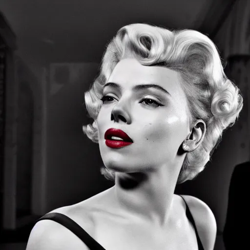 Image similar to stunning awe inspiring scarlett johansen as marilyn monroe, movie still 8 k hdr atmospheric lighting