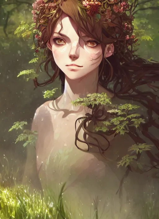 Image similar to a portrait a dryad in a forest, intricate, tone mapped, ambient lighting, highly detailed, digital painting, artstation, concept art, sharp focus, by makoto shinkai and akihiko yoshida and hidari and wlop