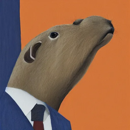 Image similar to abstract art of a well dressed capybara, profile view, wearing a suit laughing showing big teeth, in the style of tracie grimwood