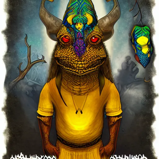 Image similar to portrait of yellow lizard priest, shaman, cult attire, antropomorphic, fantasy digital art, art station