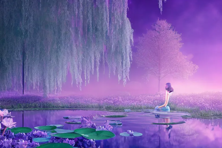 Image similar to perfume bottle standing on lilipads in a cool blue frosted pond, dramatic, mid day, lilac aurora borealis background, soft lilac skies, large scale, hyperrealistic, lots of detail, realistic lighting, octane render, by wlop, artgerm, trending on artstation