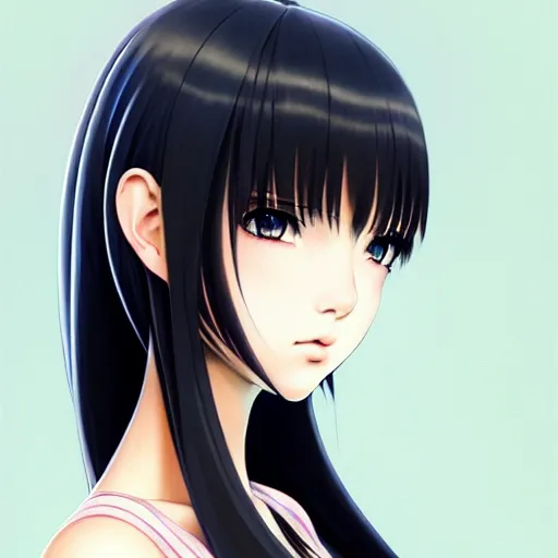 Image similar to portrait Anime girl, cute-fine-face, long black-hair and bangs, pretty face, red eyes, realistic shaded Perfect face, fine details, anime, realistic shaded lighting by Ilya Kuvshinov katsuhiro otomo ghost-in-the-shell, magali villeneuve, artgerm, rutkowski, WLOP, Jeremy Lipkin and Giuseppe Dangelico Pino and Michael, Garmash and Rob Rey