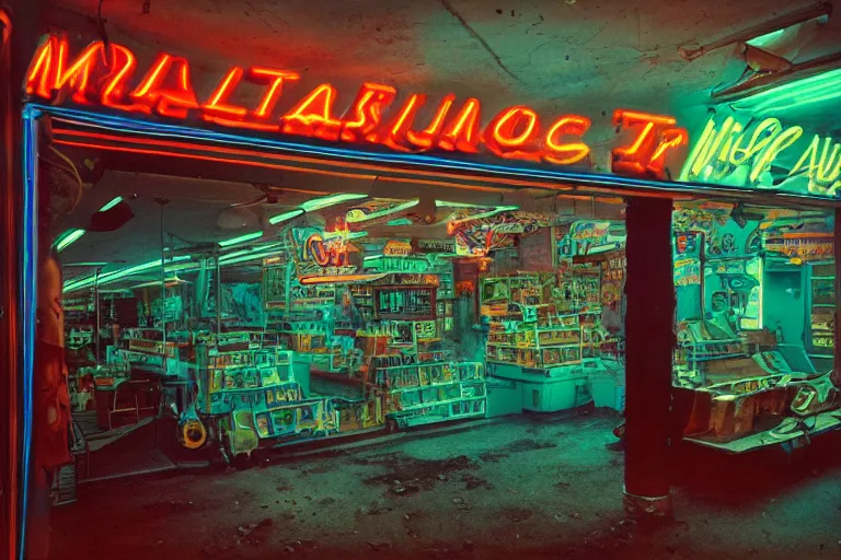 Prompt: a dinosaur shopping, inside of a 1970s music store store, neon lights, dirty, ektachrome photograph, volumetric lighting, f8 aperture, cinematic Eastman 5384 film