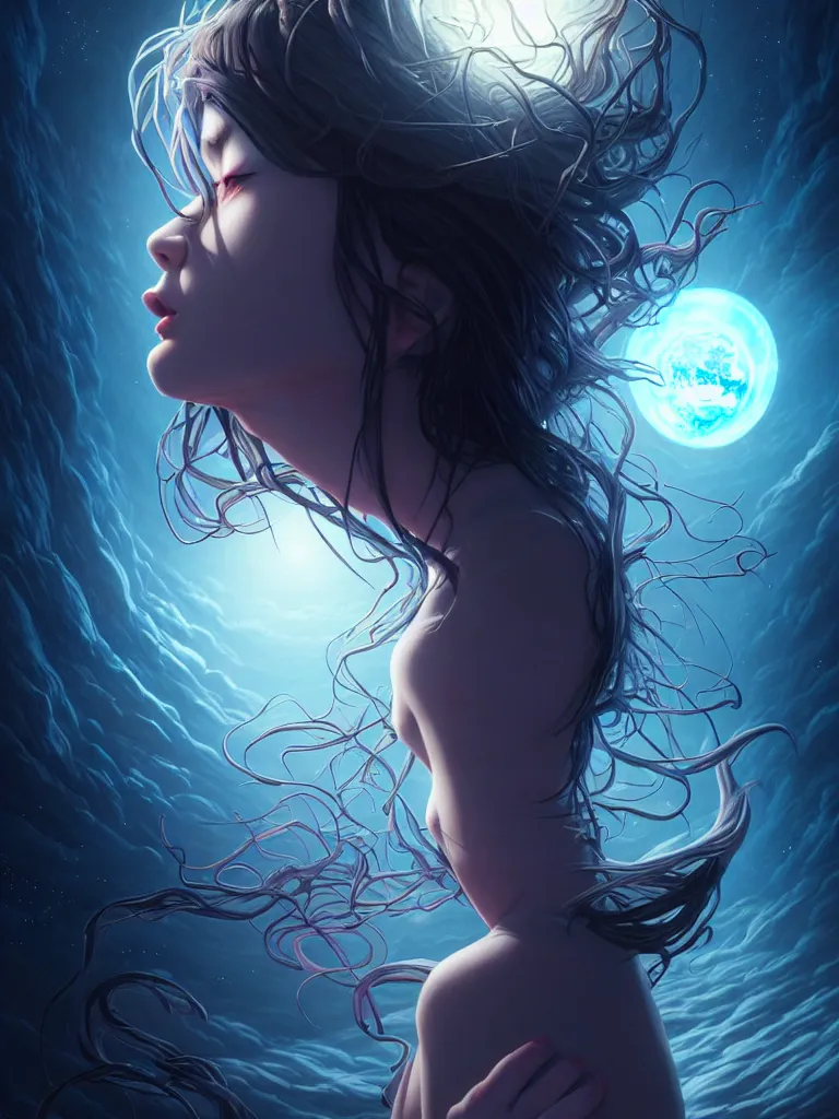 Image similar to azathoth girl dreaming the earth, occlusion shadow, specular reflection, rim light, unreal engine, artgerm, artstation, art by hiroaki samura and ilya kuvshinov and ossdraws, intricate, highly detailed 8 k, cosmic horror illustration, extremely beautiful and aesthetic shape of face and body, movie poster