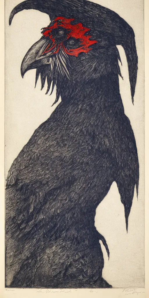 Prompt: vibrant chiaroscuro etching portrait ( 1 9 2 3 ) of wolf - faced crow monster wearing poncho and shako, toned with prussian blue and pyrrol scarlet 2 2 0 film