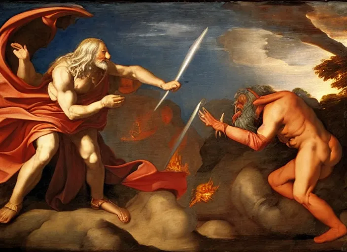 Prompt: renaissance painting of Gandalf the gray, right, fighting the fiery giant balrog, left, by nicolas poussin