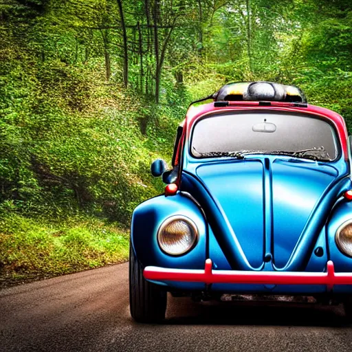 Image similar to promotional scifi - blockbuster movie scene of an insect - ladybug is mostly melded with a'glossy volkswagen beetle '. it wings and is flying down a dusty backroad along a gentle creek in smokey mountains tennessee. cinematic, muted dramtic color, 4 k, imax, 7 0 mm, hdr
