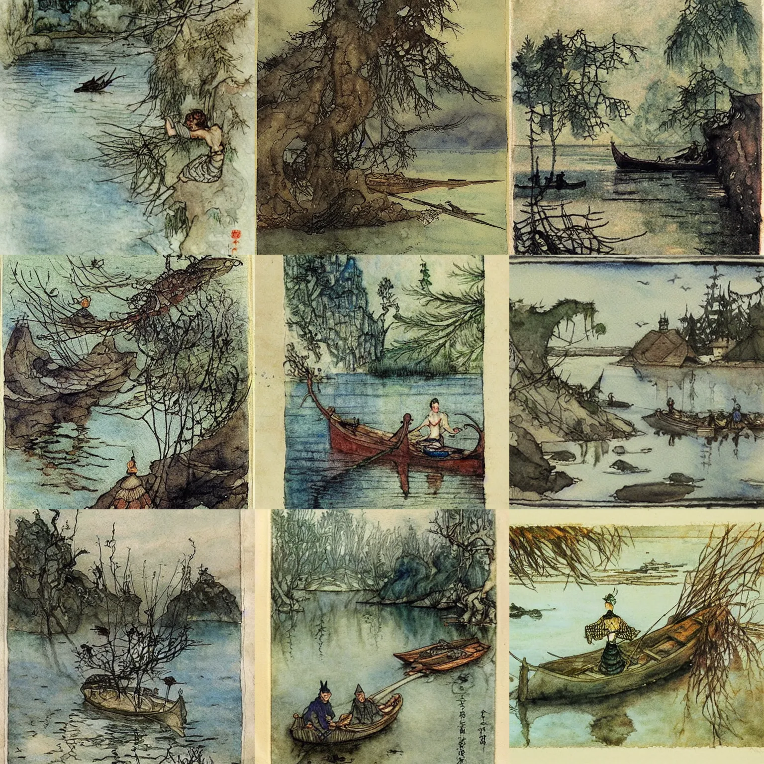 Prompt: a vodyanoy comes of from an eastern european lake, chinese watercolor by arthur rackham