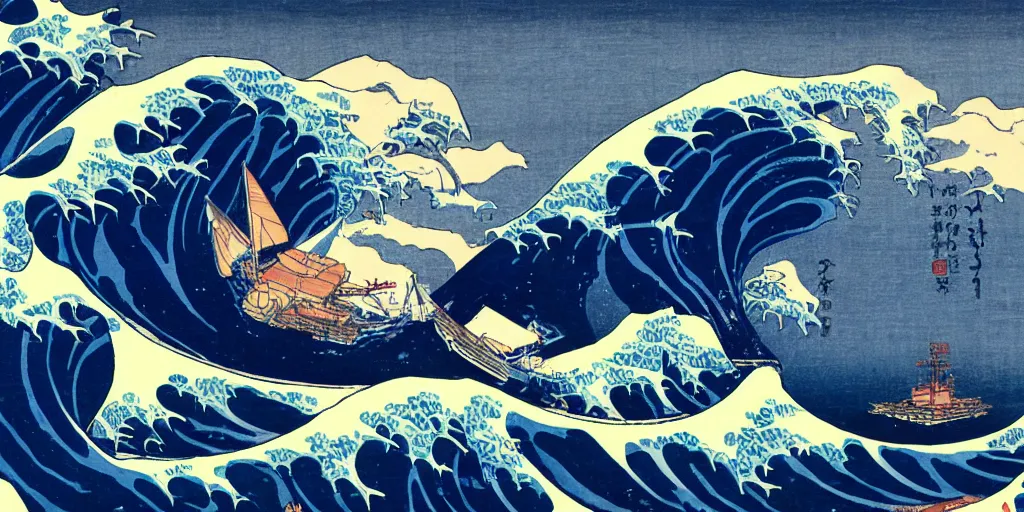 Image similar to A painting of an aircraft carrier on the Great Wave, by Hokusai