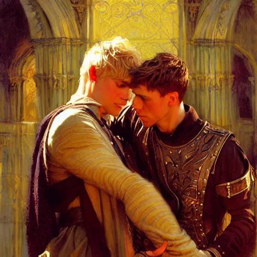 Prompt: attractive arthur pendragon in love with attractive male merlin. highly detailed painting by gaston bussiere, craig mullins, j. c. leyendecker