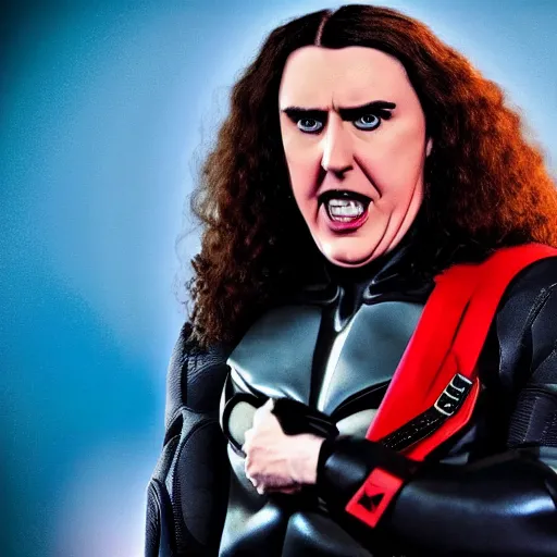 Image similar to A movie still of Weird Al Yankovic as Batman, dynamic lighting, 8k, Heroic Pose, 2022 picture of the year