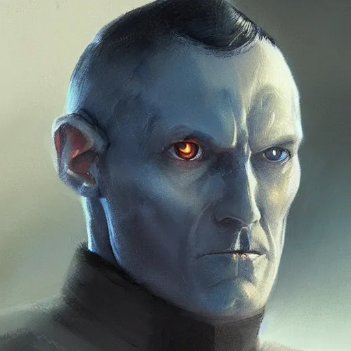 Image similar to portrait of a man by greg rutkowski, great admiral thrawn from star wars, blue skin, short black hair in military style, tall, star wars expanded, universe, he is about 5 0 years old, wearing white colored imperial admiral uniform, artstation hq