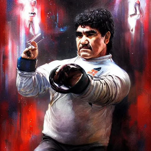 Image similar to stunning portrait of Diego Maradona playing Capoeira, painting by Raymond Swanland, cyberpunk, sci-fi cybernetic implants hq