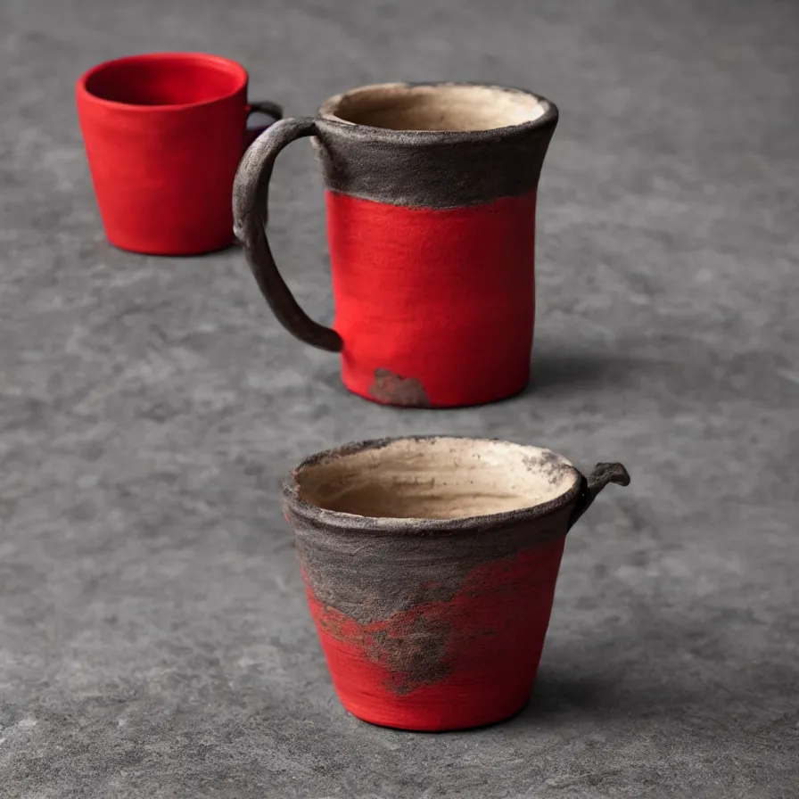 Prompt: beautiful studio photograph of a hand - thrown stoneware mug in the style of greek black on red pottery on a wooden table, hyperrealism 8 k trending on artstation