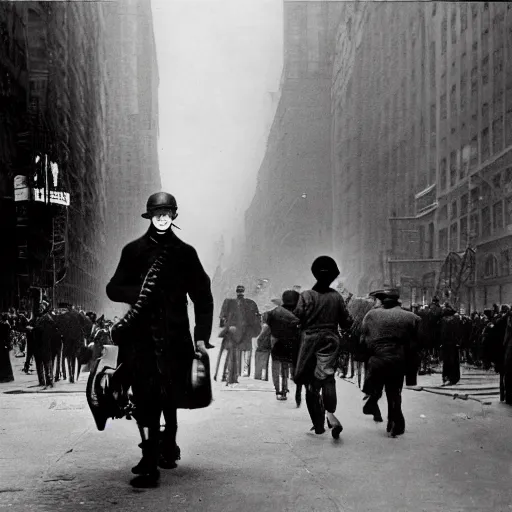 Image similar to old black and white photo, 1 9 1 3, depicting dieselpunk combat cyborg walking through the bustling streets of new york city, historical record