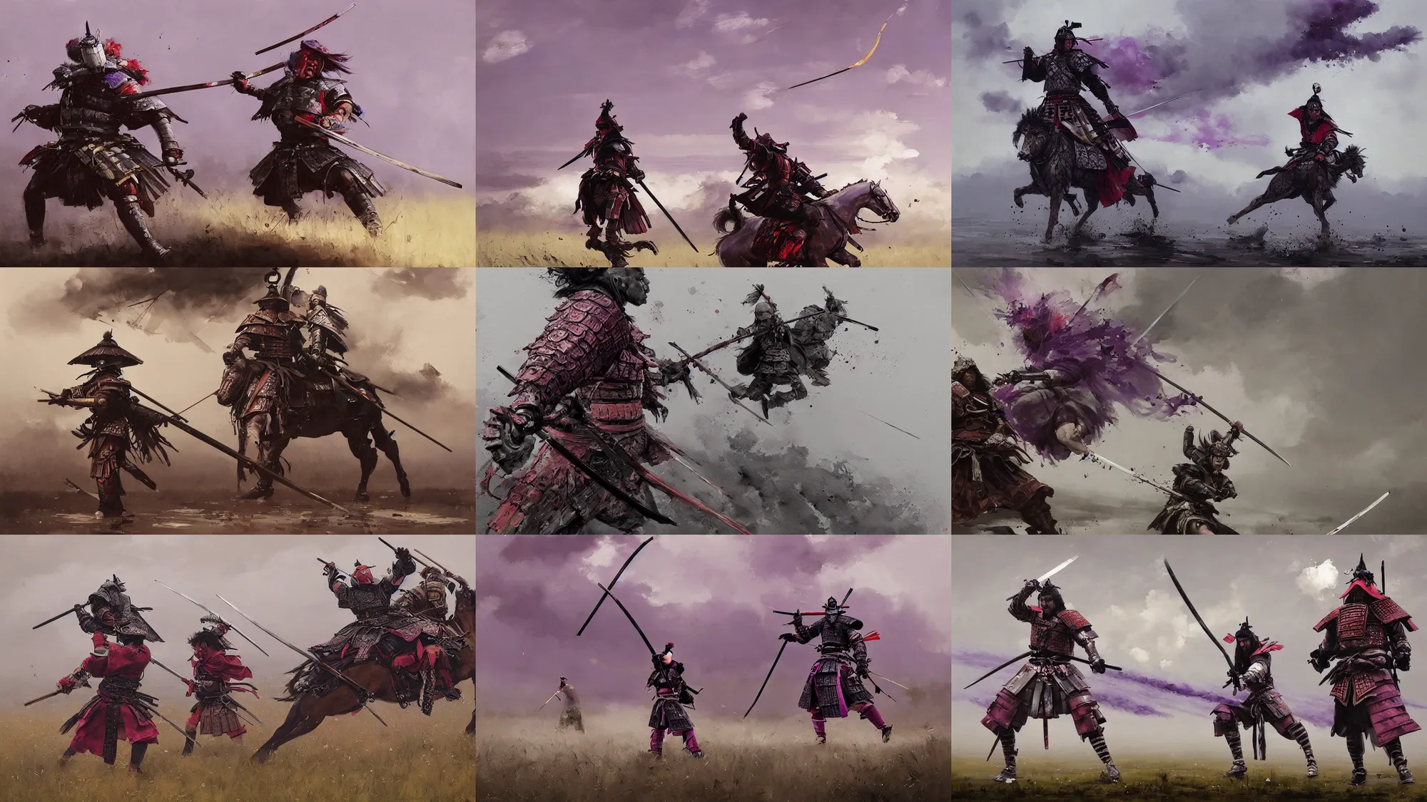 Prompt: magnificent painting of samurai | lightings purple, thunderbolt, watercolor, irredecent, unreal engine, jakub rozalski, art nouveau,