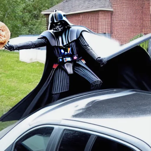 Image similar to darth vader throwing food on a car, throwing food on car windshield