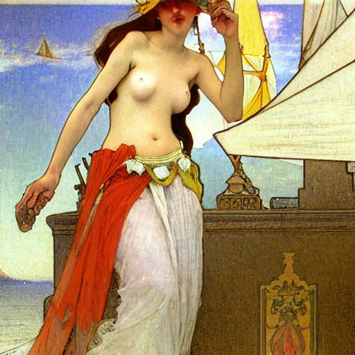 Image similar to A girl with jester hat and clothes on a greek archi circle on the front of a Balustrade with a beach and a sail boat on the background, major arcana cards, by alphonse mucha and arnold böcklin arnold böcklin arnold böcklin, paul delaroche, hyperrealistic 8k, very detailed