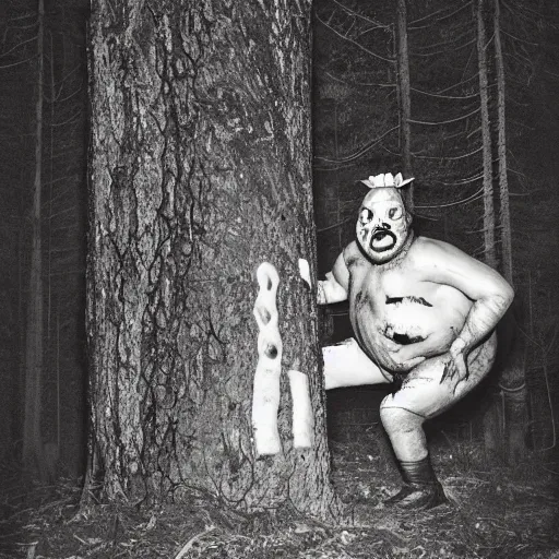 Image similar to big fat butcher with a scary face chops a piece of meat on the stump in a dark forest, night scene, old photo, scary, creepy, terrible atmosphere