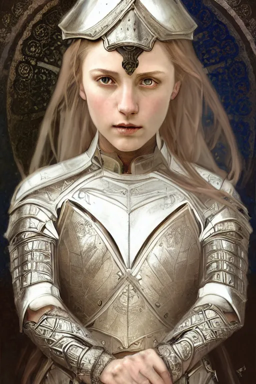 Image similar to beautiful and victorian and holy and divine and elite young medieval female white armor knight portrait +shinny eyes+front face with light flowing hair, ultradetail face, art and illustration by tian zi and craig mullins and WLOP and alphonse mucha, fantasy, intricate complexity, human structure, human anatomy, fantasy character concept, watermark, blurry, hyperrealism 8k