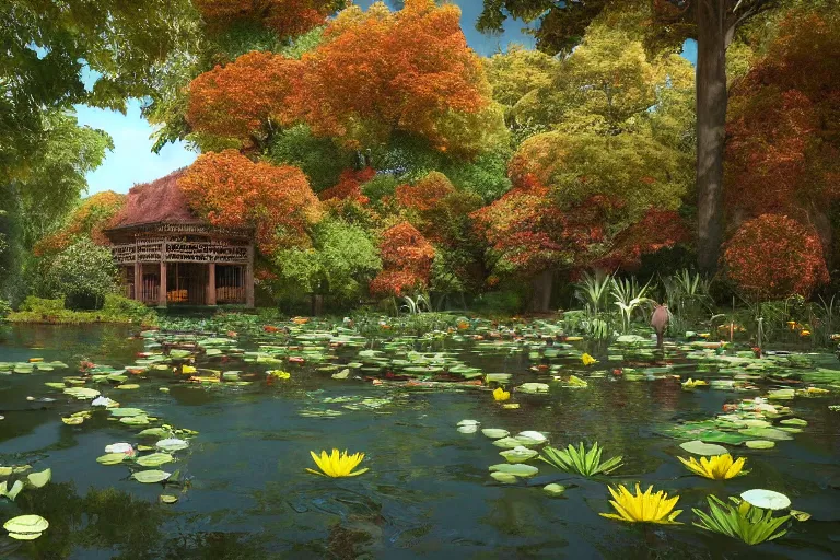 Prompt: A lovely overgrown temple in a pond full of lily pads with autumn!!! trees overhead and blue aberrant skies, trending on artstation, 4k, 8k, illustrated and reimagined by Max Hay, yellow dappled lighting, eye-level view, artstation 3d, artstation render, artstation 3d render, 3d art, unreal engine 3d, octane 3d, blender 3d, 3d landscape, photorealistic imagery, photorealistic details, intricate, highly detailed, fisheye!!! view!!!, lens distortion!!!, chromatic aberration