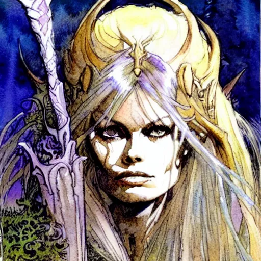 Image similar to a realistic and atmospheric watercolour fantasy character concept art portrait of brigitte bardot as a druidic warrior wizard looking at the camera with an intelligent gaze by rebecca guay, michael kaluta, charles vess and jean moebius giraud