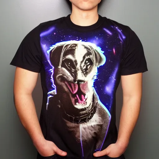 Prompt: flash photography of a graphic shirt with a picture of an angry dog on it, clothing rack, thrift store, funny