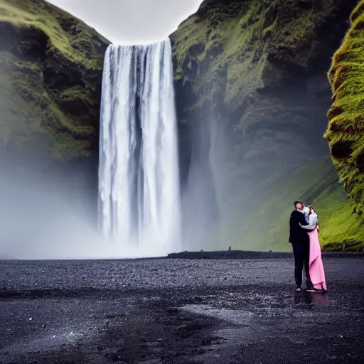 Image similar to a couple by icelandic waterfall Skógafoss, artstation, concept art, unreal engine, 8k, photorealistic