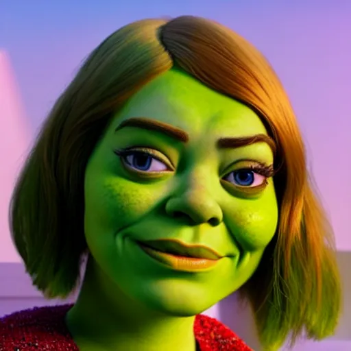 Prompt: Emma Stone as a female version of Shrek, she has shrek nose, ears features, with green skin, fully detailed, high quality , 4k , octane render , soft lightening , masterpiece