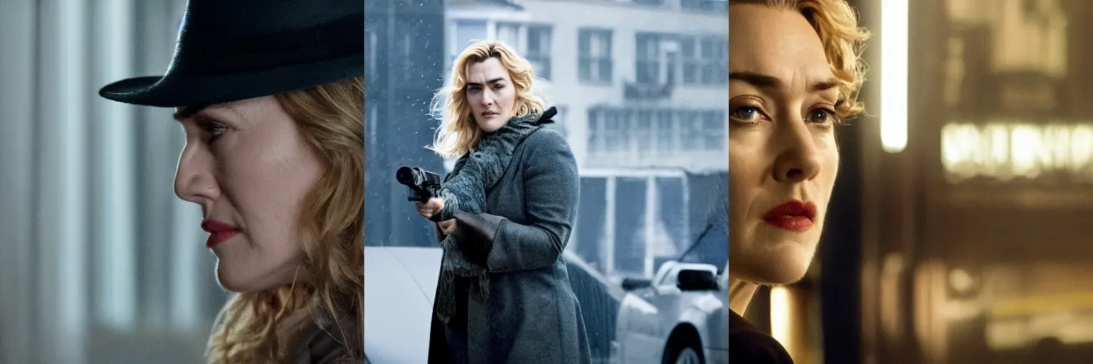 Prompt: close-up of Kate Winslet as a detective in a movie directed by Christopher Nolan, movie still frame, promotional image, imax 70 mm footage