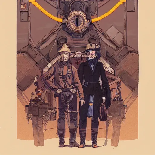 Image similar to a dieselpunk school photo in the style of moebius ; jean giraud, illustration, drawing, painting, muted colors, clean lines, centered face, symmetric, digital art, detailed, artstation, deviantart, hd, 8 k, 4 k