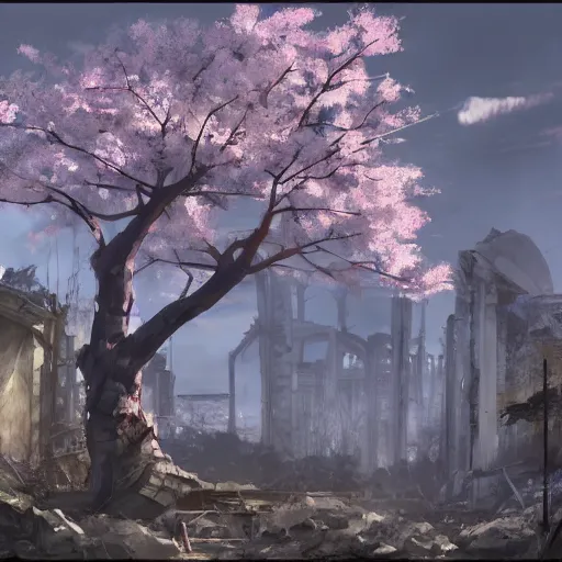 Prompt: apocalyptic ruins. One single lush Sakura tree growing. Atmospheric lighting, gloomy, dark, end of the world, ruins, everything is dead, post apocalyptic. Makoto Shinkai, anime, trending on ArtStation, digital art.