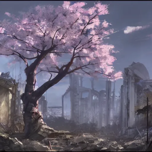 Image similar to apocalyptic ruins. One single lush Sakura tree growing. Atmospheric lighting, gloomy, dark, end of the world, ruins, everything is dead, post apocalyptic. Makoto Shinkai, anime, trending on ArtStation, digital art.