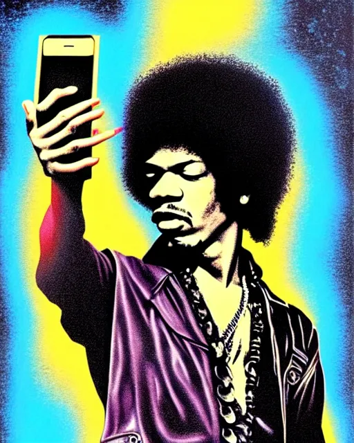 Image similar to grunge rock jimi hendrix taking a selfie with his iphone, instagram, tiktok, postmodern surrealist concert poster, grainy poster art, hand drawn matte painting by lynd ward and gary houston, smooth, sharp focus, extremely detailed, 5 0 mm.