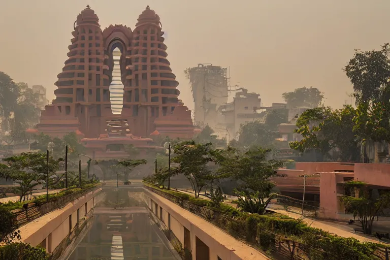 Image similar to beautiful dreamscape! biomorphic new delhi, hanuman!! head building, kalighat, octane sharp cinematic, stephen shore & john j. park, soft morning light, wide shot, high angle, uhd 8 k, shallow depth of field