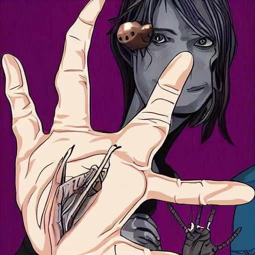 Image similar to portrait of mutant with horn in form of hand anime, transplanted hand to head, surgery, like bebop