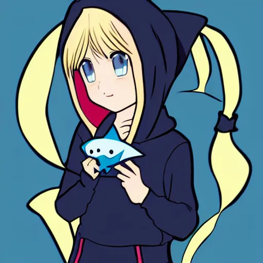 Prompt: a blonde-girl-in-a-black-hoodie holding a blue-shark-stuffie, anime style digital art