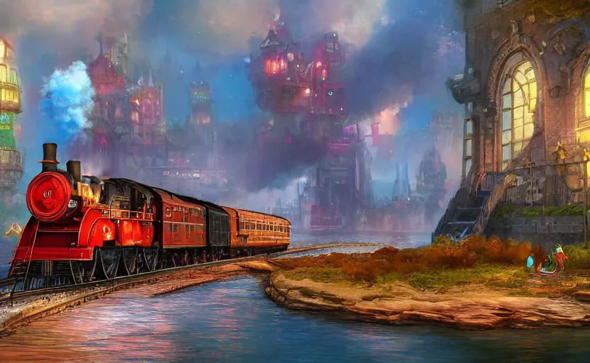 Image similar to A steam locomotive rides along of a waterway on a fantasy city. Fantasy and concept art, colorful digital painting, unreal engine.