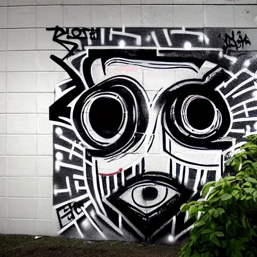 Prompt: wall with graffiti of man with one eye made with circles and lines